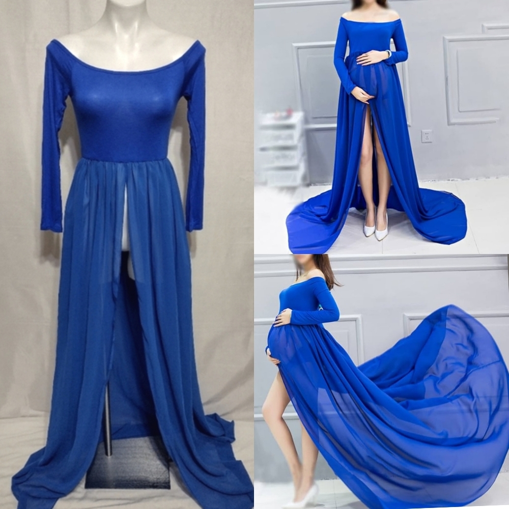 Just VH Maternity Gown Maxi Dress Front Slits Flowy Chiffon Photography Prop NWT